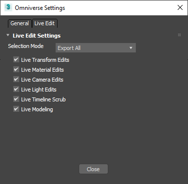 Max Omniverse Live Settings